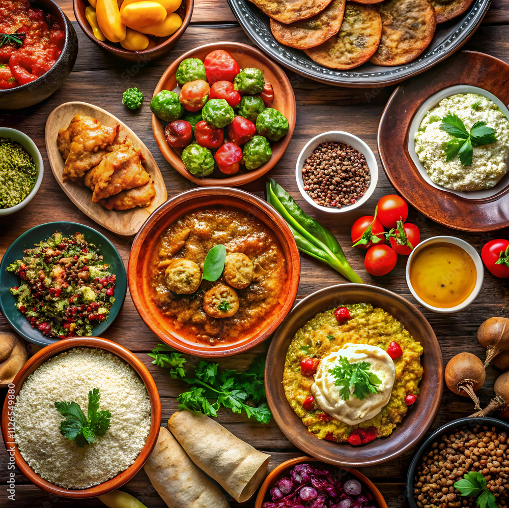 A beautifully arranged table showcases a variety of traditional dishes from different cultures A beautifully arranged table showcases a variety of traditional dishes from different cultures