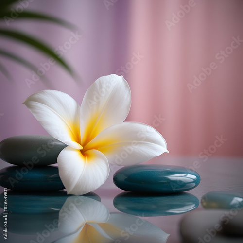 spa stones with white flower, zen balance stones, Spa massage, aroma beauty therapy, natural alternative, Ayurvedic, relaxation concept abstract copy space background image