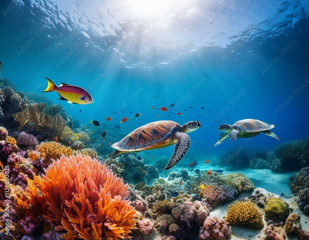 Fototapeta premium A vibrant tropical underwater scene with colorful coral, exotic fish, and sea turtles, illuminated by sunlight, perfect for marine and travel designs