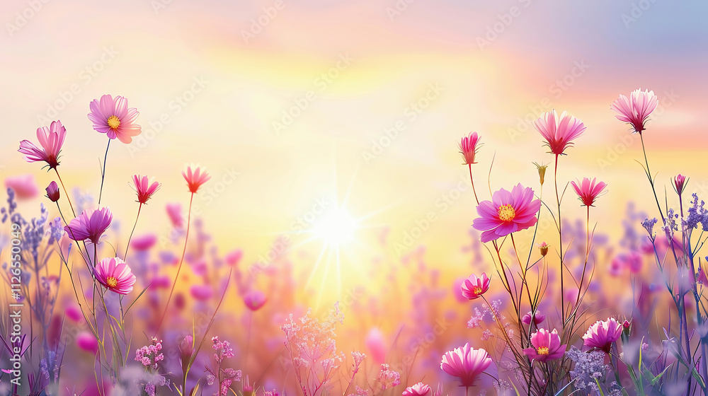 A field of pink flowers at sunrise A field of pink flowers at sunrise