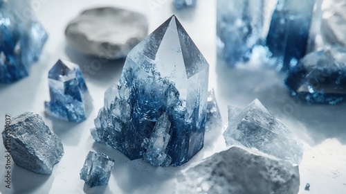 Stunning blue crystal formations with translucent quartz points and geometric shapes. Macro photography of mineral specimen showing natural crystalline structure with mystical atmosphere