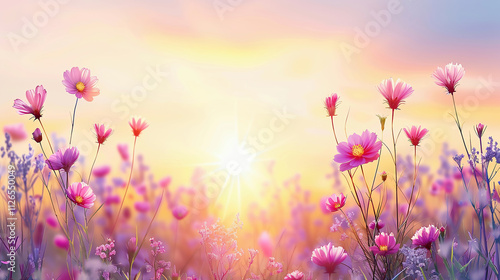 A field of pink flowers at sunrise