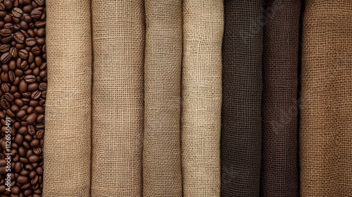 coffee harvest composition, coarse burlap fabric folds, raw bean collection, neutral earth tones, rustic mood lighting, vintage grain effect, agricultural documentation style photo