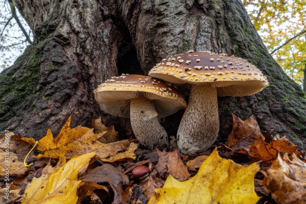 Fototapeta premium Mushroom growth displaying pair of mushrooms at tree base in autumn leaves nature close-up ground level perspective forest ecosystem botanical beauty showcase