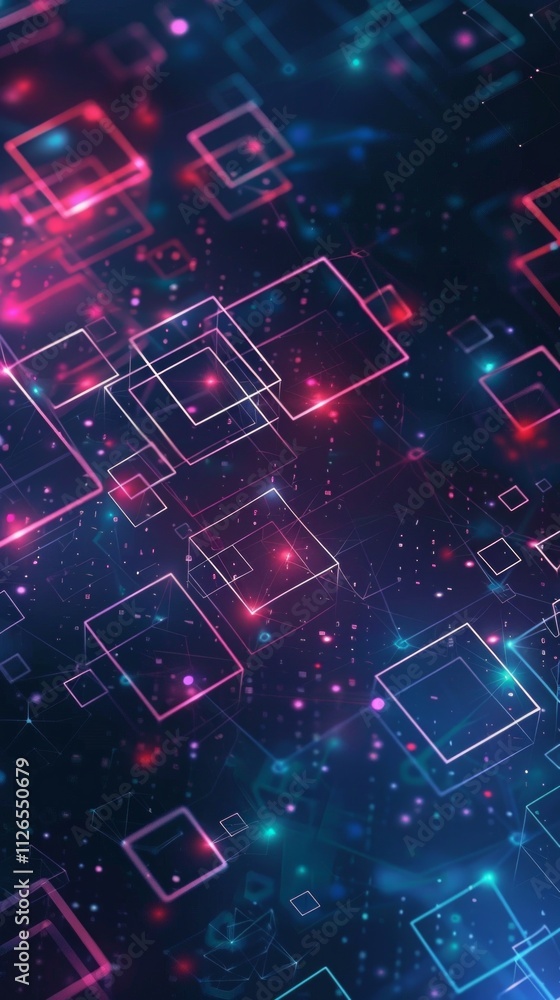Abstract network theme with blue and red boxes on a black background, connected by lines. Stars and galaxies add a futuristic feel, Abstract network theme with blue and red boxes on a black background, connected by lines. Stars and galaxies add a futuristic feel,