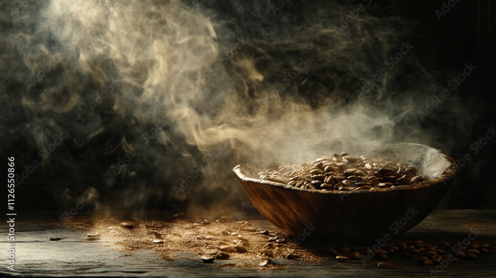 aromatic coffee still life, floating steam wisps, rustic wooden textures, scattered arabica beans, dramatic side lighting, morning cafe ambiance, minimalist composition, earthy tones, cinematic mood, aromatic coffee still life, floating steam wisps, rustic wooden textures, scattered arabica beans, dramatic side lighting, morning cafe ambiance, minimalist composition, earthy tones, cinematic mood,