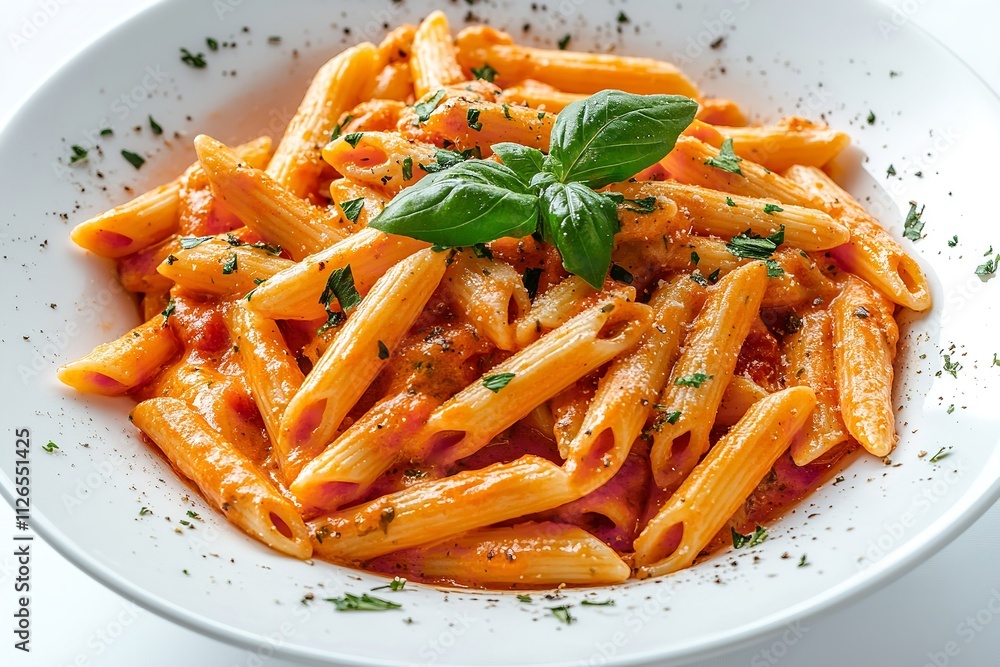 An isolated image of Penne Alla vodka pasta in a pink tomato cream sauce on a white backdrop. Generative Ai An isolated image of Penne Alla vodka pasta in a pink tomato cream sauce on a white backdrop. Generative Ai