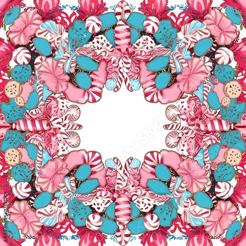 Festive wreaths made of cookies, candy canes, and peppermint, designed in a circular seamless pattern photo