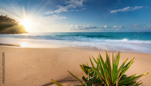 Panoramica de paisaje marino con mar azul y arena dorada y cielo con nubes photo