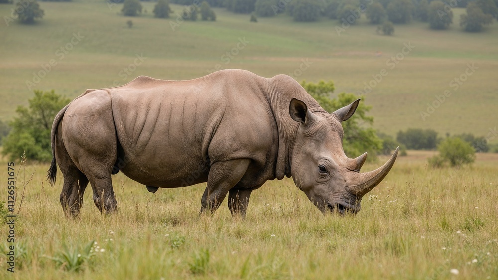 Obraz premium Rhino grazing peacefully in green grassland under soft natural light