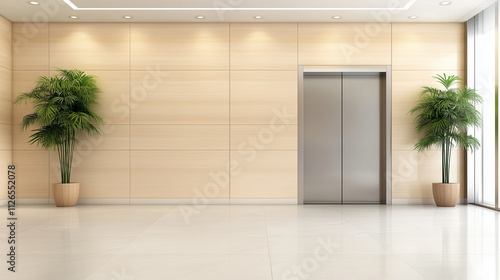 A hotel elevator door with modern wall.