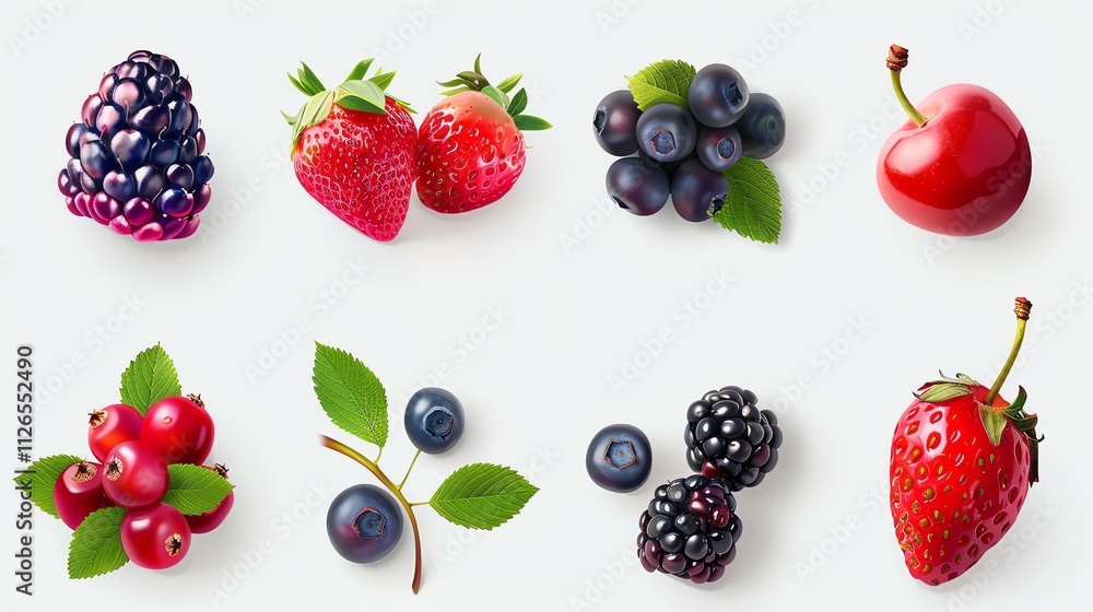 An assortment of fresh berries on a white background.