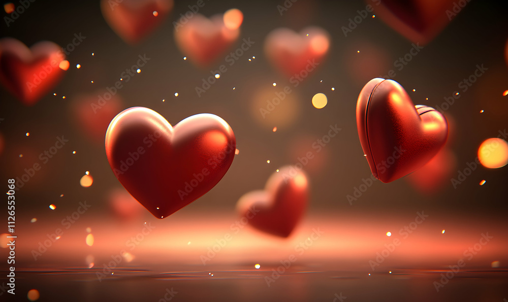 Romantic 3D rendered hearts floating, Valentine's Day, love, abstract background, red hearts, bokeh lights, shiny hearts, love concept, romantic mood, hearts falling. Romantic 3D rendered hearts floating, Valentine's Day, love, abstract background, red hearts, bokeh lights, shiny hearts, love concept, romantic mood, hearts falling.