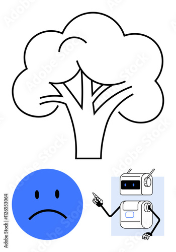 Tree sad blue face emotion, and a pointing robot. Ideal for technology, environment, emotions, sadness, loneliness, digital interaction, nature. Line metaphor