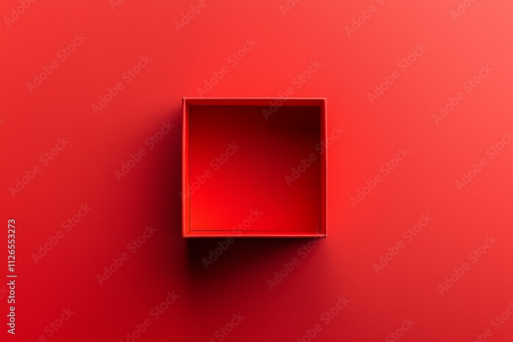 A square red empty box is located in the center of an entirely plain red background A square red empty box is located in the center of an entirely plain red background