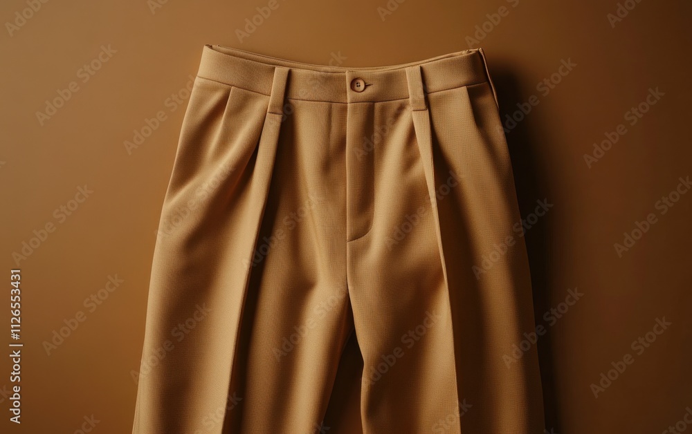 A high-waisted pair of trousers with a smooth fabric and pressed creases, placed on a brown background --ar 8:5 --v 6.1 Job ID: 29a32647-dddb-424a-93d4-dccd53abd123 A high-waisted pair of trousers with a smooth fabric and pressed creases, placed on a brown background --ar 8:5 --v 6.1 Job ID: 29a32647-dddb-424a-93d4-dccd53abd123