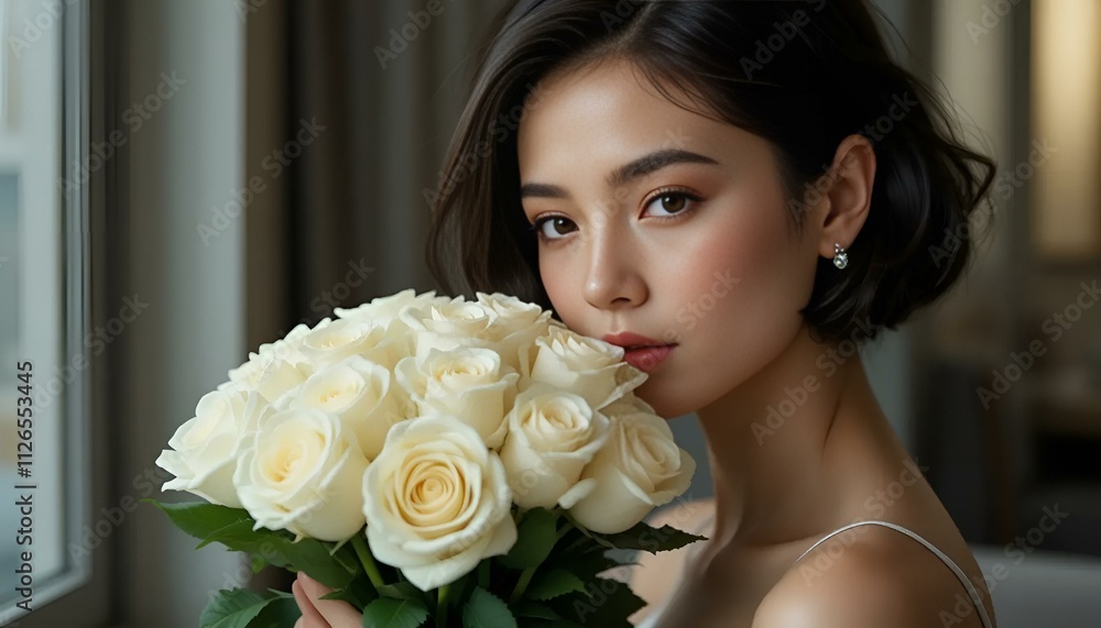 Naklejka premium Beautiful young woman holding a bouquet of white roses, gazing thoughtfully out a window