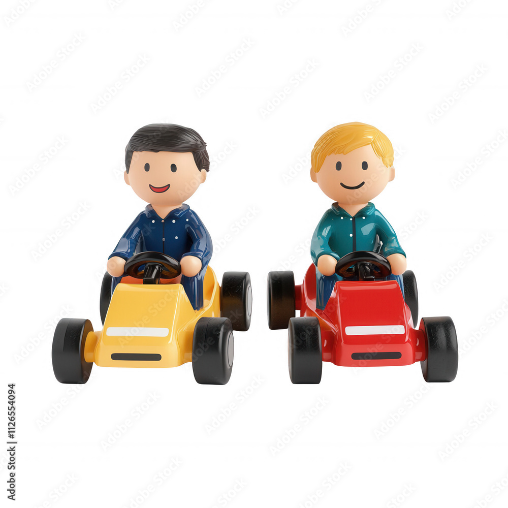 Fototapeta premium Two cheerful toy figures racing in their colorful go-karts, enjoying a fun day., isolated on a transparent background.