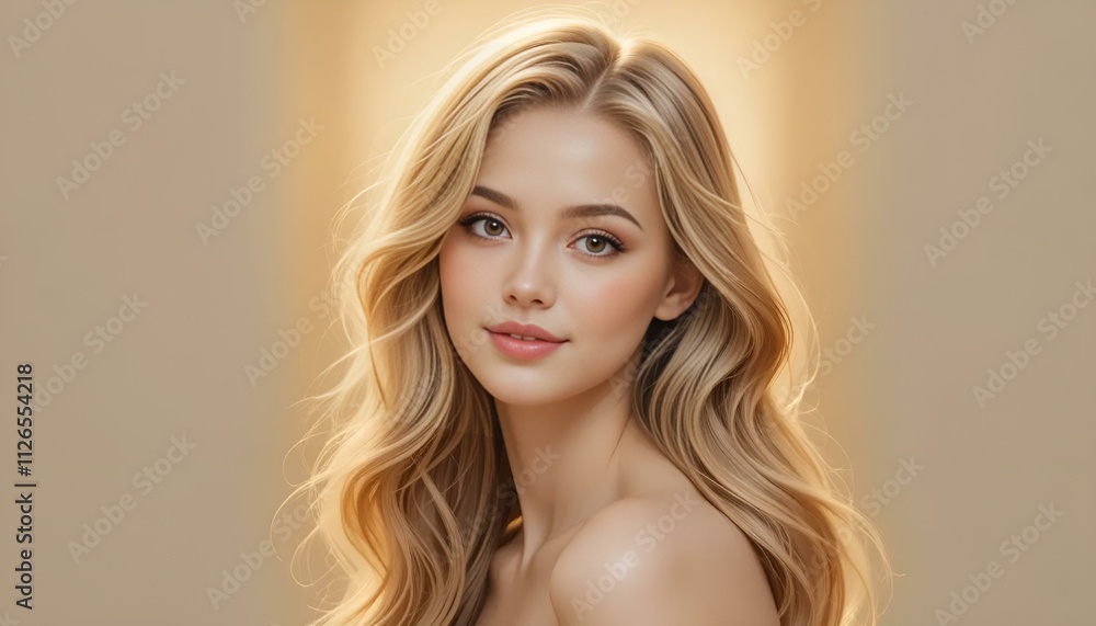 Beautiful young woman with long wavy hair posing elegantly in soft natural light Beautiful young woman with long wavy hair posing elegantly in soft natural light