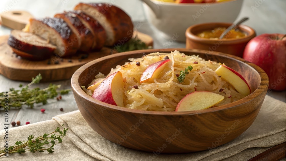 Rustic Sauerkraut and Apple Dish Served in Wooden Bowl Rustic Sauerkraut and Apple Dish Served in Wooden Bowl