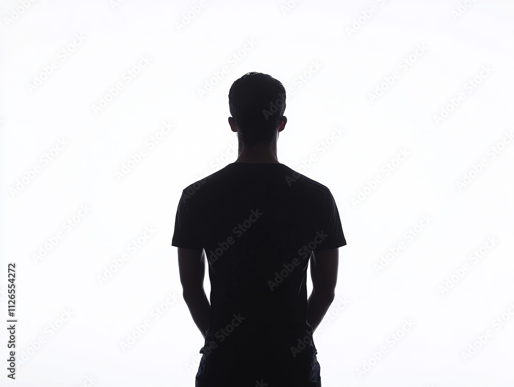 Silhouette of a Man Standing Backwards Against a White Background; Minimalist and Contemporary Visual Art; Perfect for Graphic Design and Digital Illustration Silhouette of a Man Standing Backwards Against a White Background; Minimalist and Contemporary Visual Art; Perfect for Graphic Design and Digital Illustration