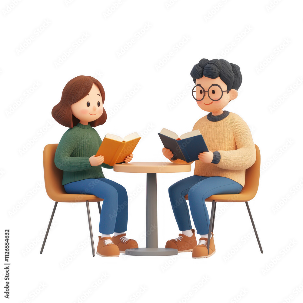 Two friends enjoy reading books together at a cozy table in a relaxed setting., isolated on a transparent background. Two friends enjoy reading books together at a cozy table in a relaxed setting., isolated on a transparent background.
