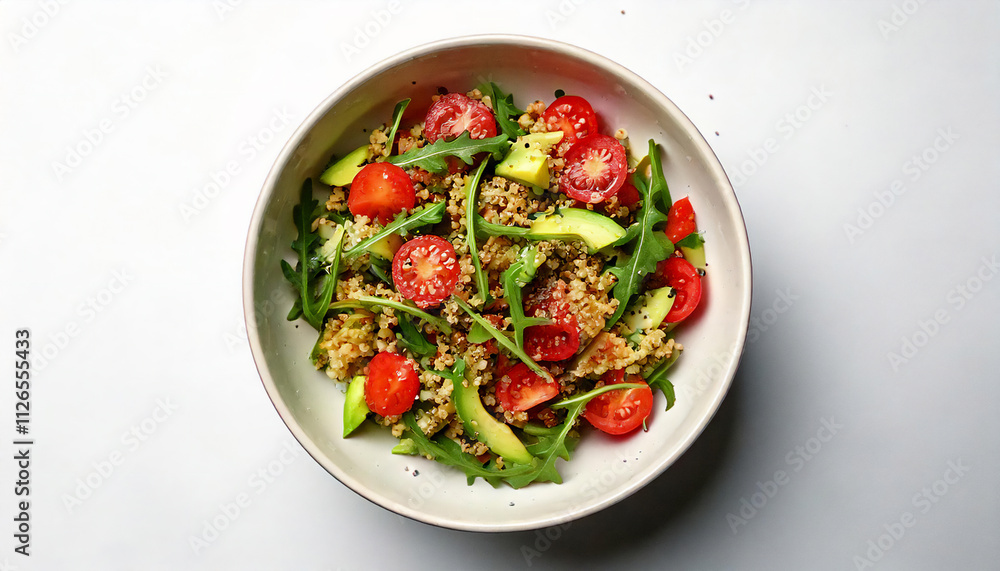 Quinoa salad with avocado, cherry tomatoes, and arugula, healthy lunch idea, vegan diet concept, plant-based nutrition, clean eating lifestyle, high-protein meal, copy space Quinoa salad with avocado, cherry tomatoes, and arugula, healthy lunch idea, vegan diet concept, plant-based nutrition, clean eating lifestyle, high-protein meal, copy space
