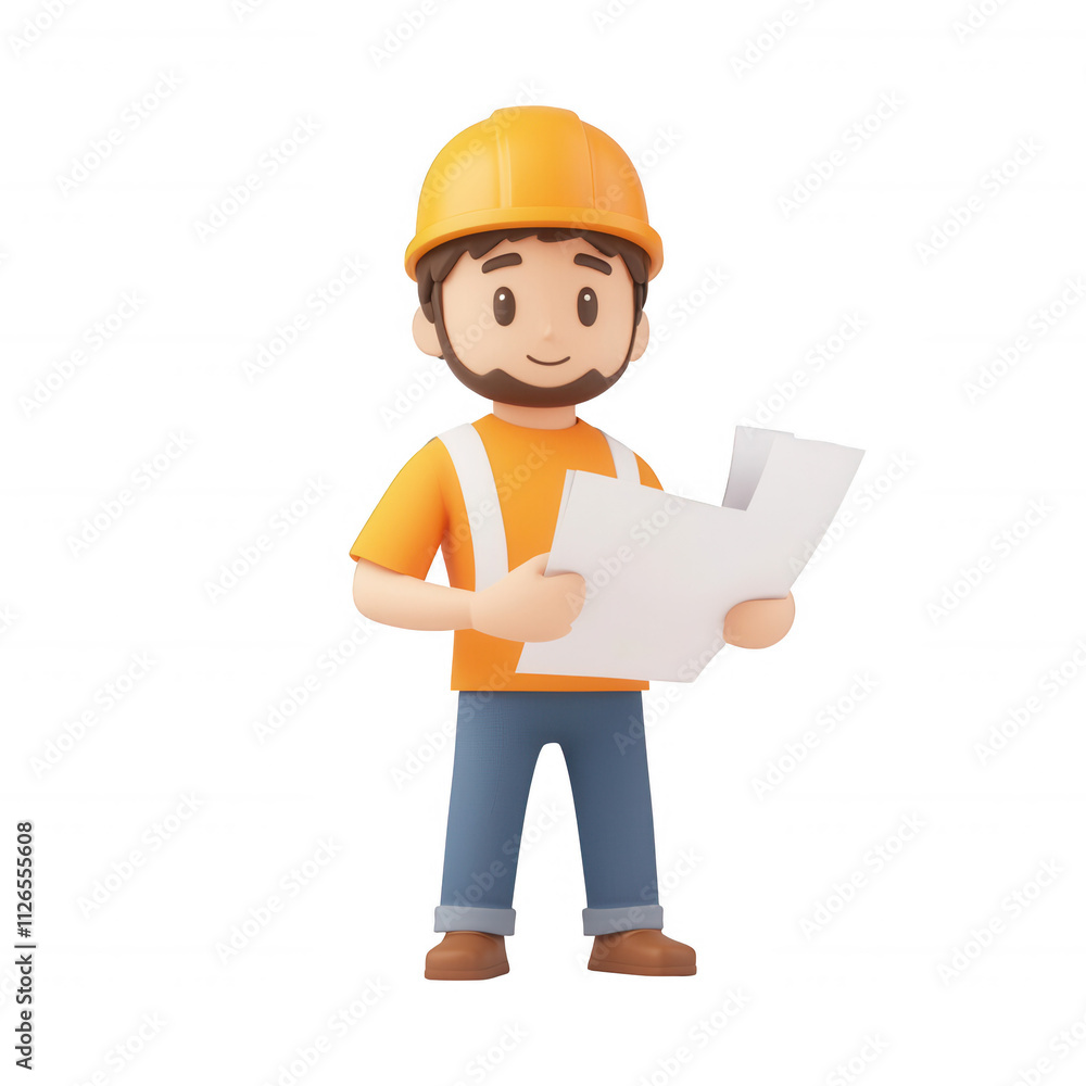 A cartoon construction worker examining blueprints for a project., isolated on a transparent background. A cartoon construction worker examining blueprints for a project., isolated on a transparent background.