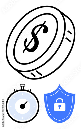 Dollar coin timer and shield with lock symbol. Ideal for financial security, investment, saving time, protection, money management, security systems, and financial planning concepts. Line metaphor