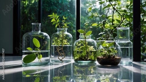 plant in glass bottles
