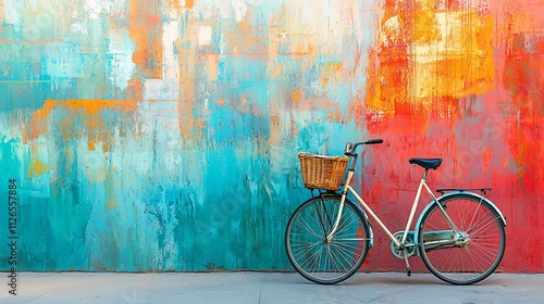 Vintage bicycle with basket against colorful wall. photo