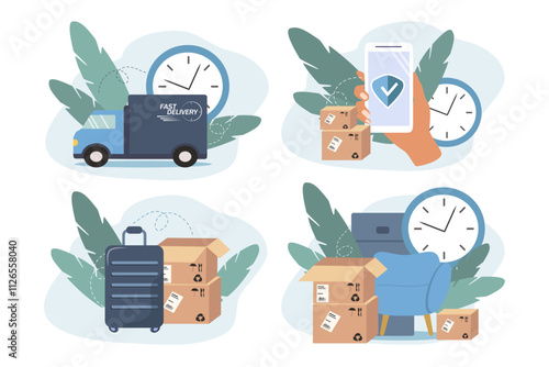 set of vector illustrations in flat style on the theme of moving