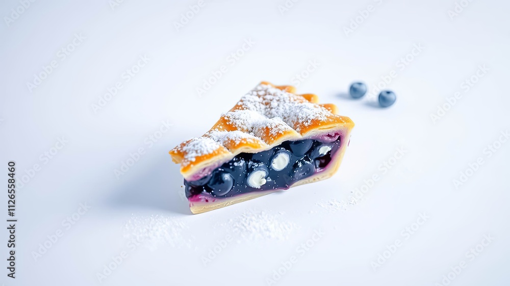 A delightful slice of blueberry pie, dusted with powdered sugar, sits on a pristine white surface, accompanied by a few fresh blueberries. A delightful slice of blueberry pie, dusted with powdered sugar, sits on a pristine white surface, accompanied by a few fresh blueberries.
