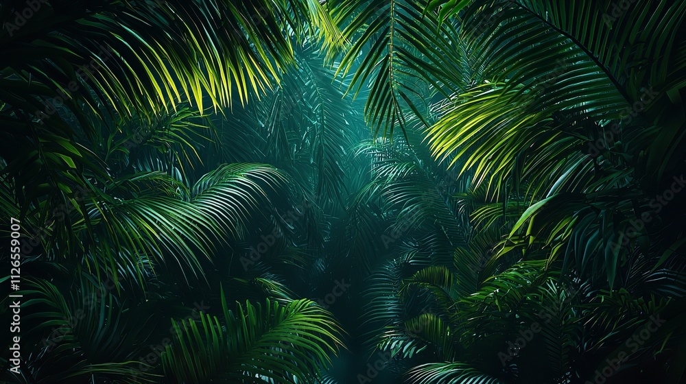 Luminous Palm Grove: Mysterious Light Pierces Through the Canopy Luminous Palm Grove: Mysterious Light Pierces Through the Canopy