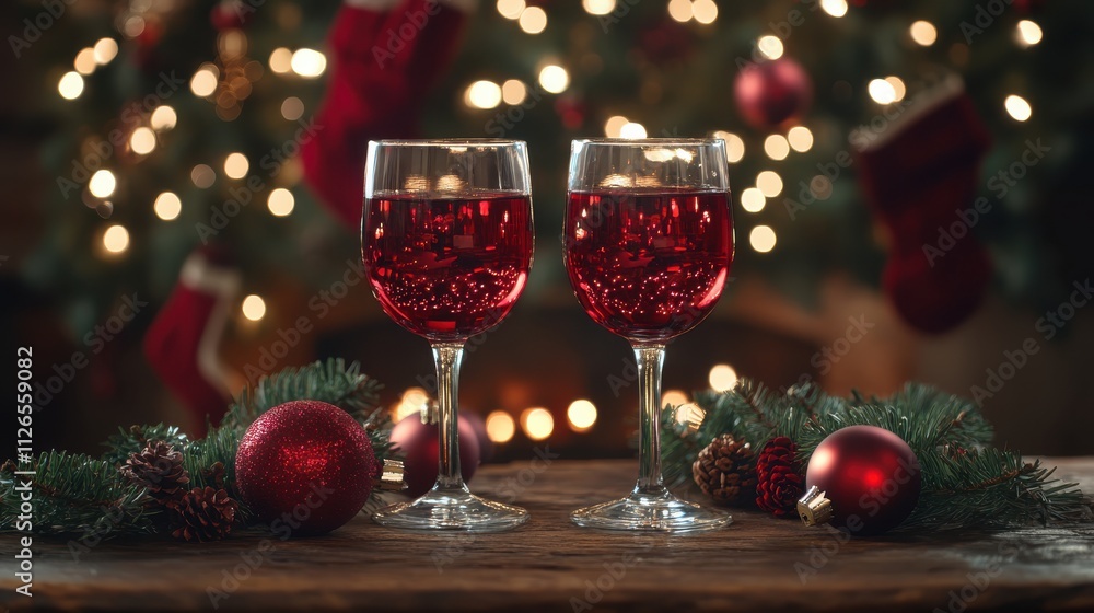 Red wine glasses with Christmas lights in the background, holiday warmth selective focus, cozy theme, warm, blend mode, lounge backdrop Red wine glasses with Christmas lights in the background, holiday warmth selective focus, cozy theme, warm, blend mode, lounge backdrop