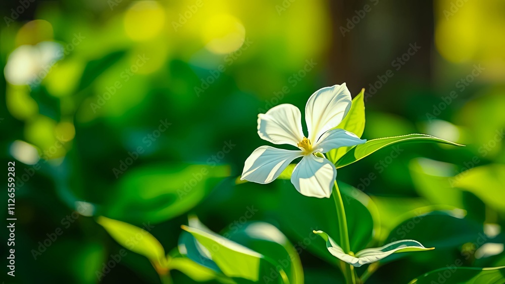 A single white flower illuminated by warm sunlight amidst a lush green foliage A single white flower illuminated by warm sunlight amidst a lush green foliage