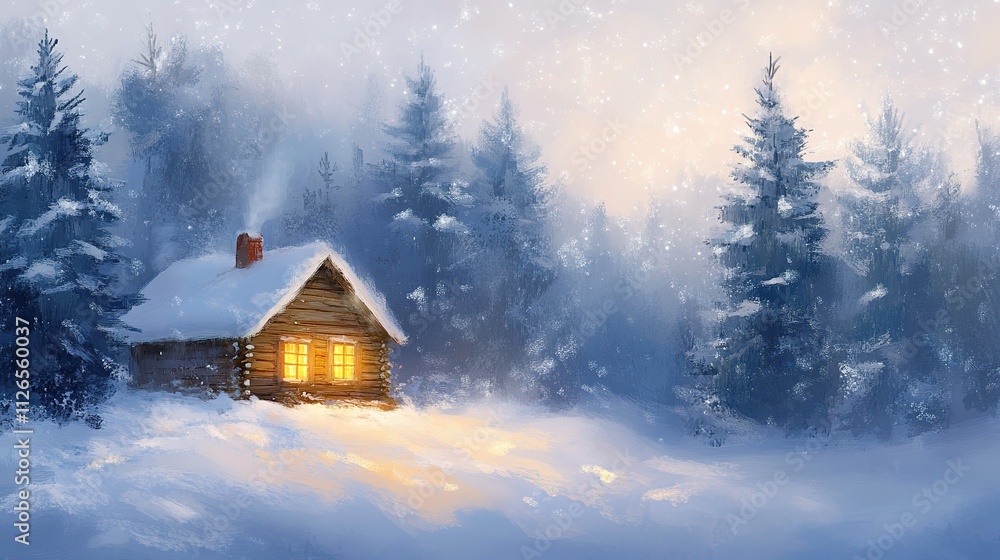 Cozy cabin lit up in snowy forest at dusk exudes warmth Cozy cabin lit up in snowy forest at dusk exudes warmth