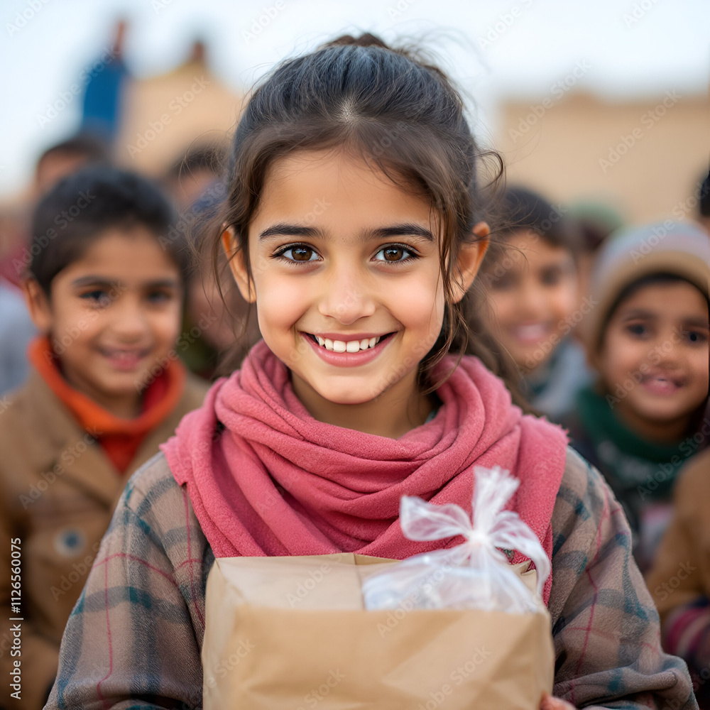 Middle Eastern girl smiling at a camera while holding a parcel Middle Eastern girl smiling at a camera while holding a parcel