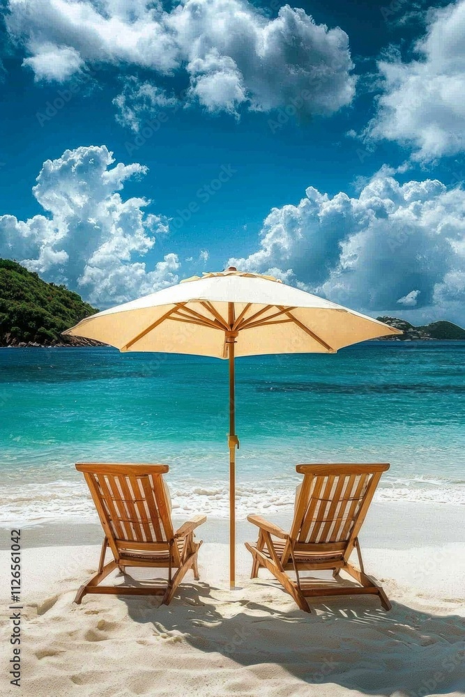 Two chairs under an umbrella on the white sandy shore with crystal-clear turquoise waters and a blue sky in the background. Two chairs under an umbrella on the white sandy shore with crystal-clear turquoise waters and a blue sky in the background.