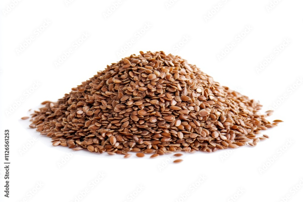 Flax seeds piled up on a white background showcasing their brown color and small size for culinary use Flax seeds piled up on a white background showcasing their brown color and small size for culinary use