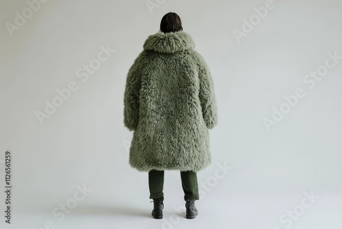 Green faux fur coat for men, worn by a male model, full-back view on a white background photo