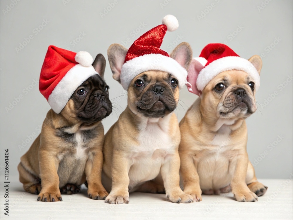 Three cute french bulldogs in a santa claus hat sitting Three cute french bulldogs in a santa claus hat sitting