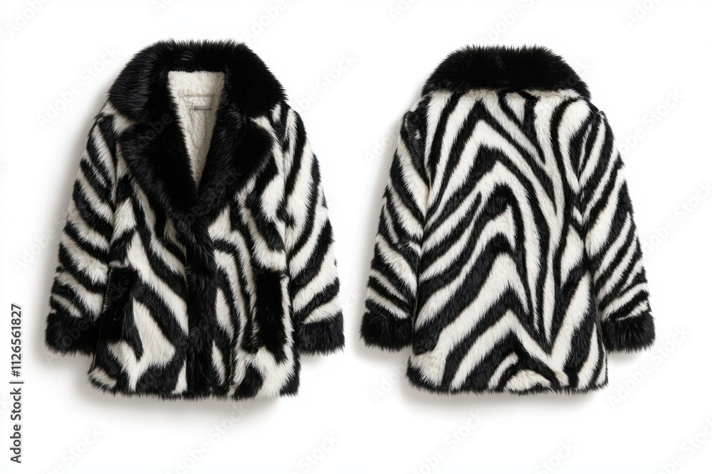 Zebra print faux fur coat displayed in front and back views, cruelty-free synthetic material, isolated on a white background, ideal for fashion branding and mockups Zebra print faux fur coat displayed in front and back views, cruelty-free synthetic material, isolated on a white background, ideal for fashion branding and mockups
