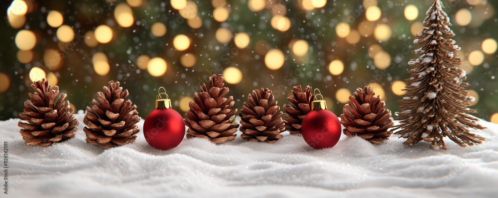 Christmas Banner with Gold, Pinecones, Ornaments, and Tree - Room for Copy Christmas Banner with Gold, Pinecones, Ornaments, and Tree - Room for Copy
