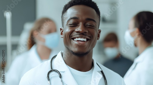 Laughing young Black male surgeon stand in front of diverse multicultural medics group. Happy friendly doctors teammates relax after work in clinic enjoy successful surgery result having fun together photo