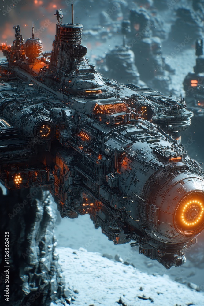 Obraz premium Futuristic Sci-Fi Spacecraft Exploring Icy Alien Terrain