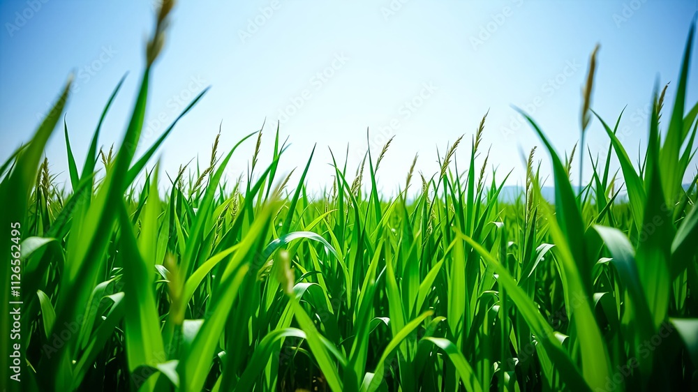 Vibrant Green Blades of Grass Reaching for Sunlight in a Lush Field Vibrant Green Blades of Grass Reaching for Sunlight in a Lush Field
