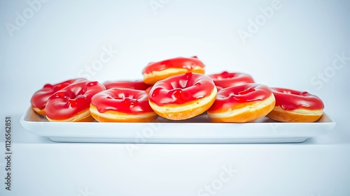 A delightful assortment of glazed donuts with red topping, arranged on a simple white rectangular plate photo