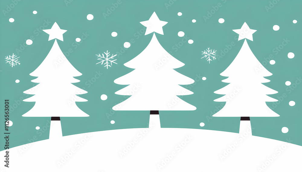 Minimalist Christmas tree design, three white trees on a teal background with falling snow. Perfect for festive cards, banners, or websites. Minimalist Christmas tree design, three white trees on a teal background with falling snow. Perfect for festive cards, banners, or websites.