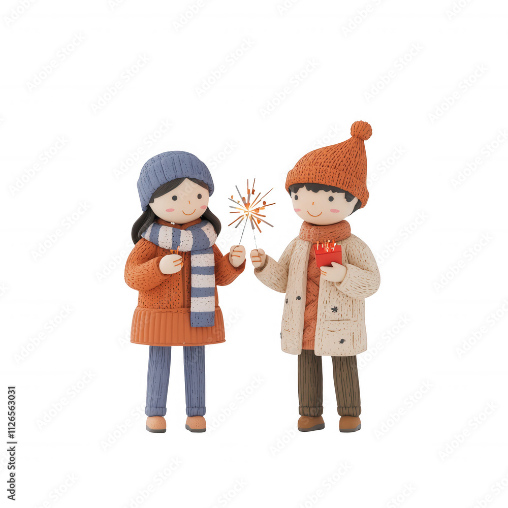 Cheerful friends celebrating with sparkler and gift during winter festivities., isolated on a transparent background. Cheerful friends celebrating with sparkler and gift during winter festivities., isolated on a transparent background.